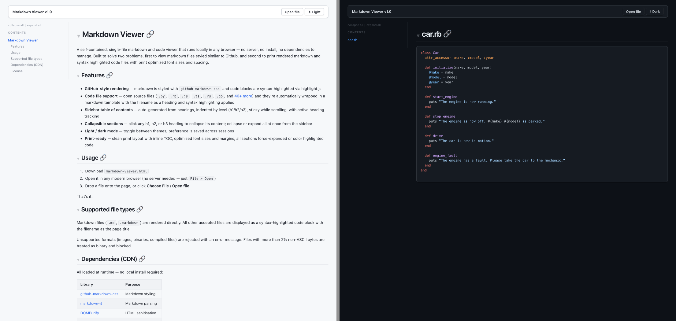 Markdown in light mode and code in dark mode
